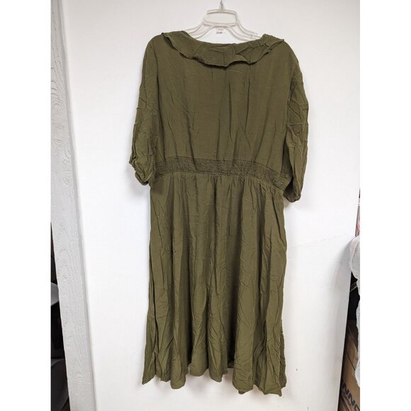 Bloomchic Size 18-20 Olive Green Dress Ruffle Collar Elastic Waist - Picture 3 of 6